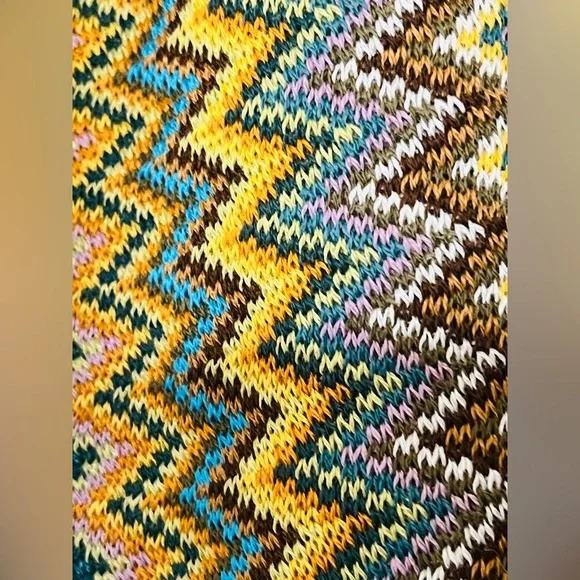 MISSONI. Multi-Color Fringed Knit Wool Scarf in Chevron Pattern
